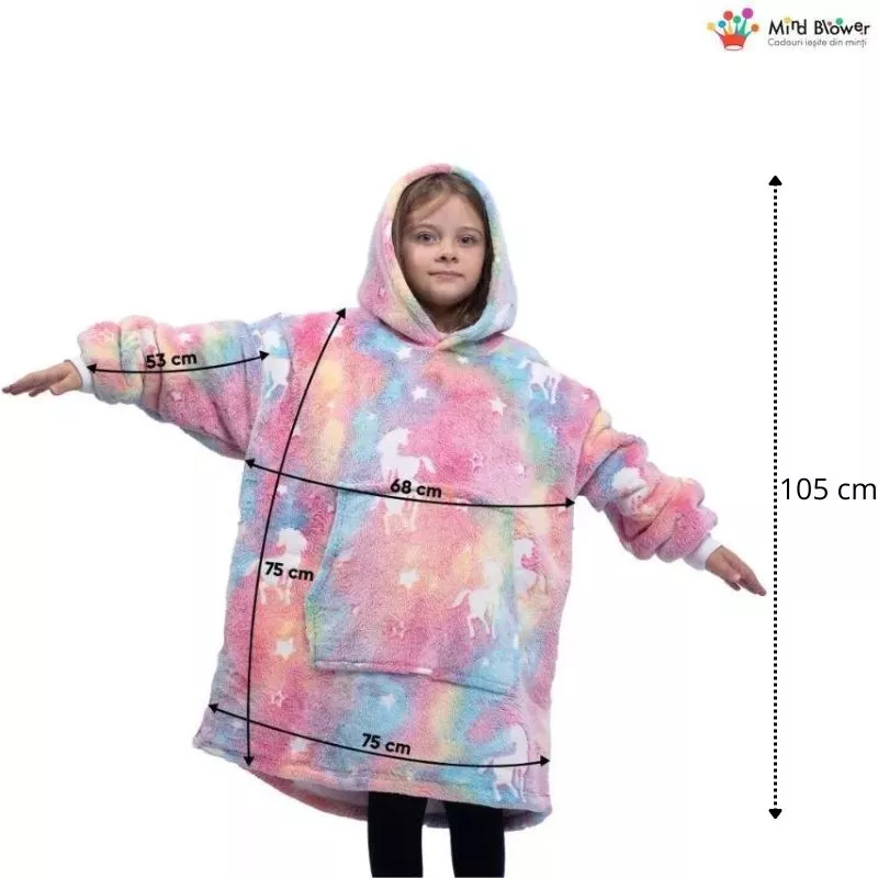 Hanorac patura cu maneci fete Unicorn Fosforescent cu buzunar cangur Flanel & Polar 440g/mp 105 cm [4]