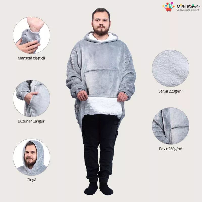 Hanorac patura cu maneci gluga si buzunar cangur Flanel & Polar 480g/mp 135 cm Gri [5]