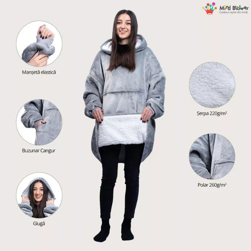 Hanorac patura cu maneci gluga si buzunar cangur Flanel & Polar 480g/mp 135 cm Gri [3]