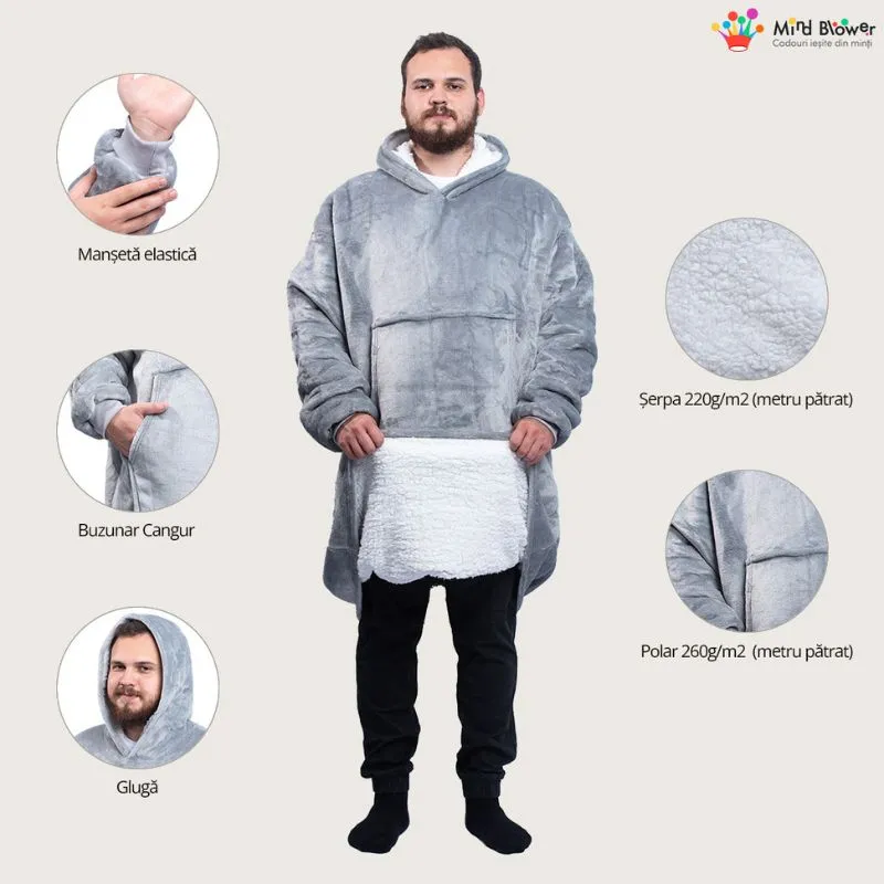 Hanorac patura cu maneci gluga si buzunar cangur Flanel & Polar 480g/mp 165 cm Gri [5]