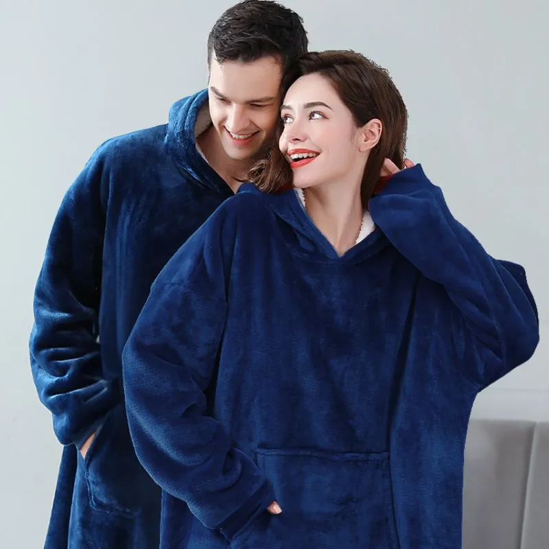 Hanorac patura cu maneci gluga si buzunar cangur Flanel & Polar 370g/mp 135 cm Albastru [5]