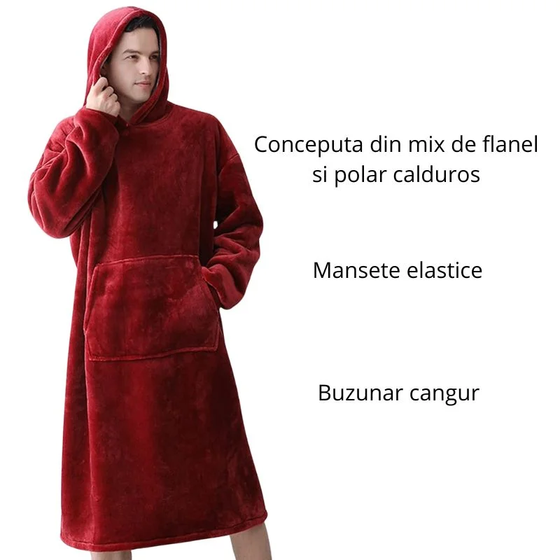 Hanorac patura cu maneci gluga si buzunar cangur Flanel & Polar 370g/mp 135 cm Rosu [7]