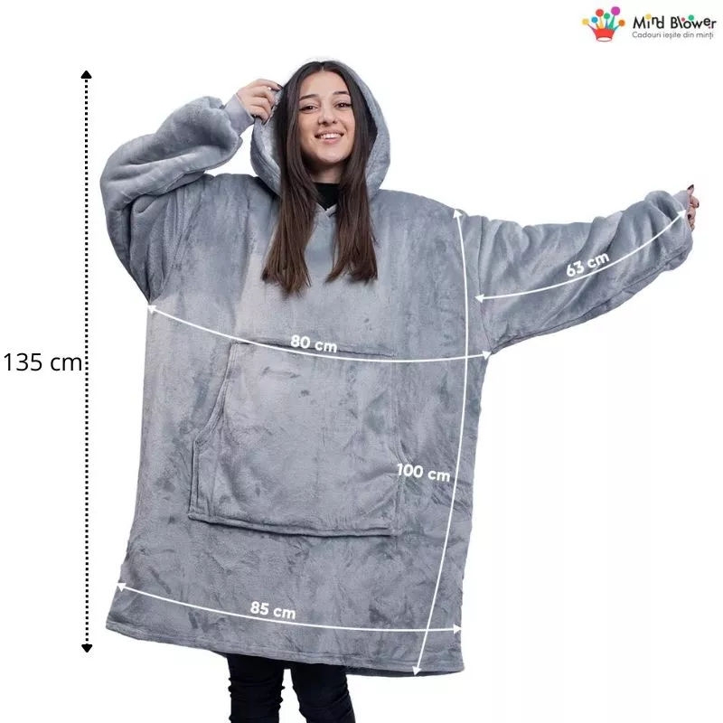 Hanorac patura cu maneci gluga si buzunar cangur Flanel & Polar 480g/mp 135 cm Gri [4]