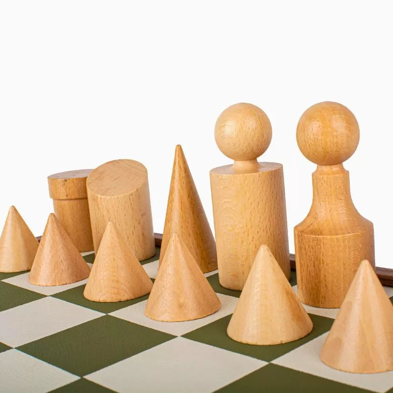 Joc Sah Bauhaus caseta 40x40cm tabla si piese din lemn Green-White Leatherette [7]