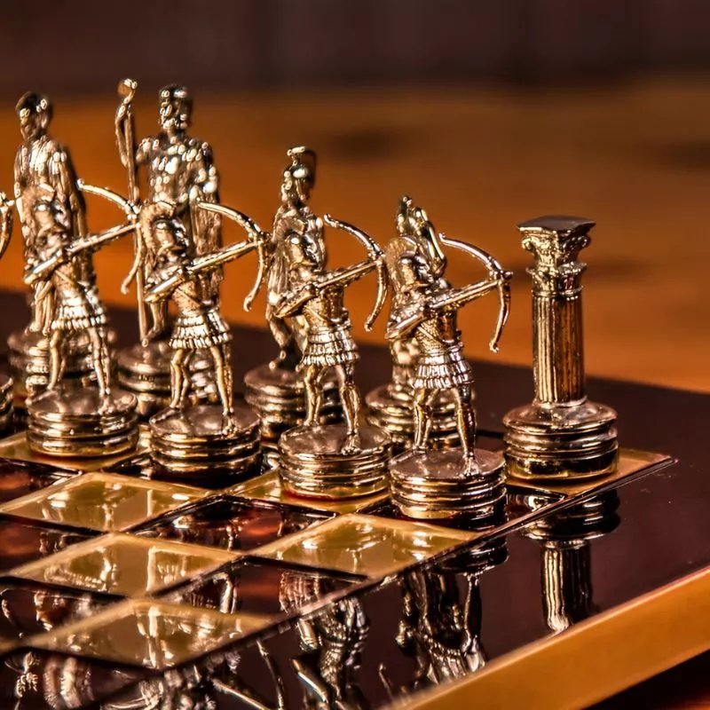 Joc Sah Razboaie Romane caseta 44 x 44 cm piese gold & silver si tabla de sah Bronze Red [4]