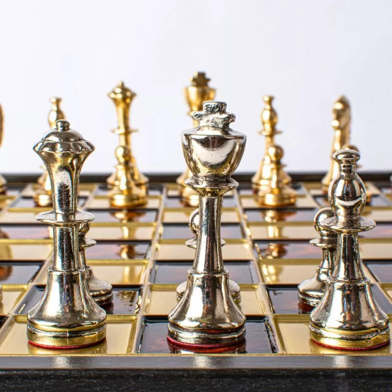 Joc Sah Staunton caseta 34 x 34 cm piese gold & silver si tabla de sah Bronze Red [7]