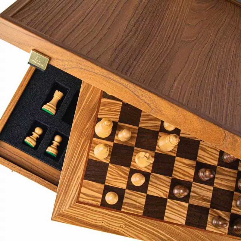 Joc Sah Staunton Nebunul de Olive caseta 50x50cm tabla si piese din lemn [10]