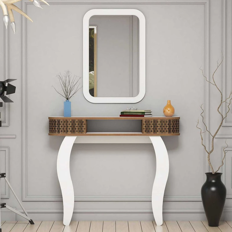 Masa de toaleta alba, cu oglinda si rafturi, design elegant, 105 cm [1]