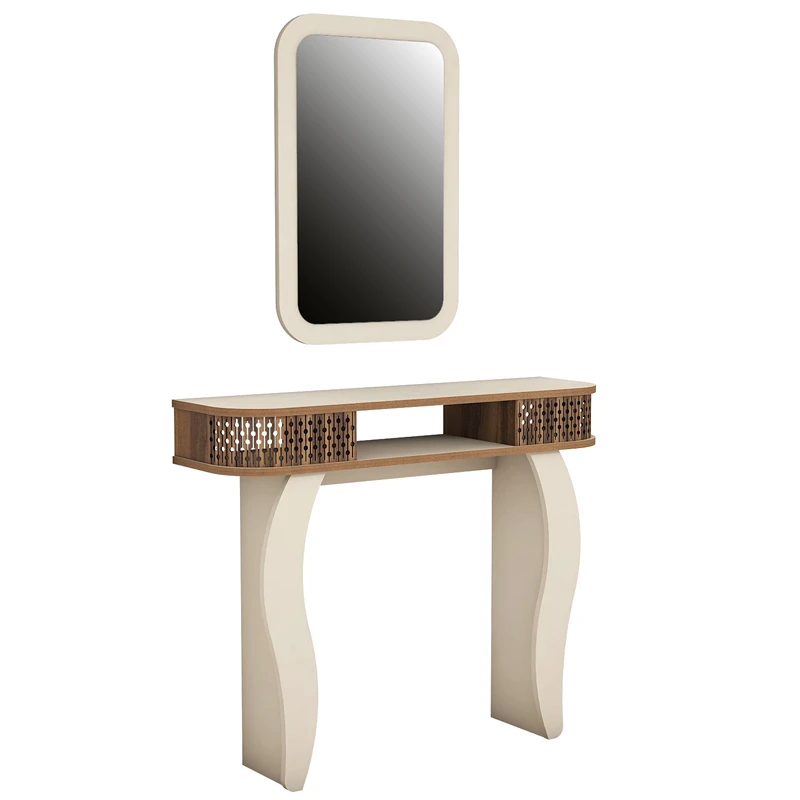 Masa de toaleta crem, cu oglinda si rafturi, design elegant, 105 cm [4]