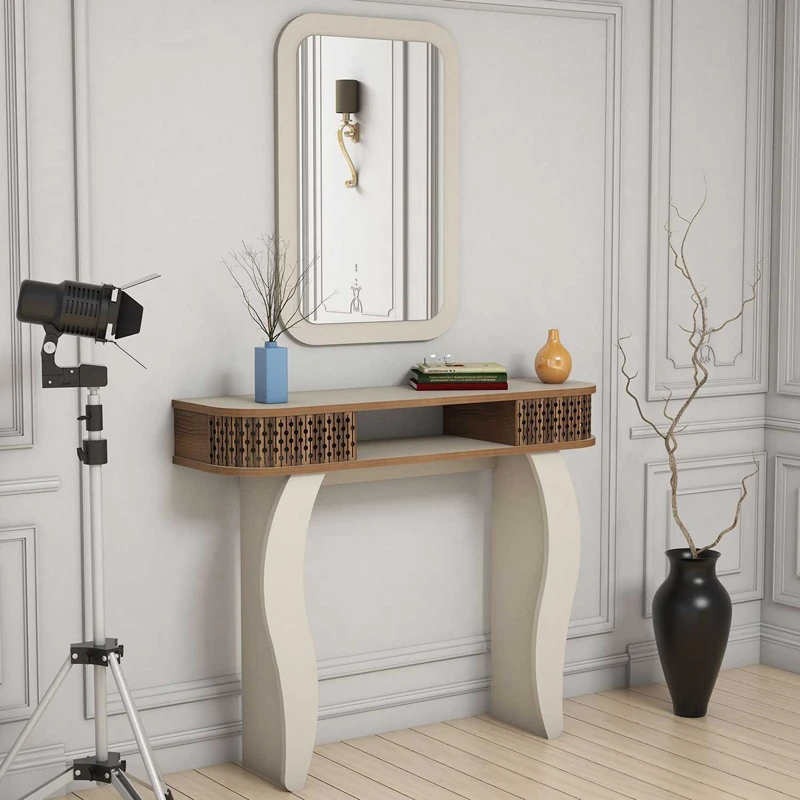 Masa de toaleta crem, cu oglinda si rafturi, design elegant, 105 cm [2]