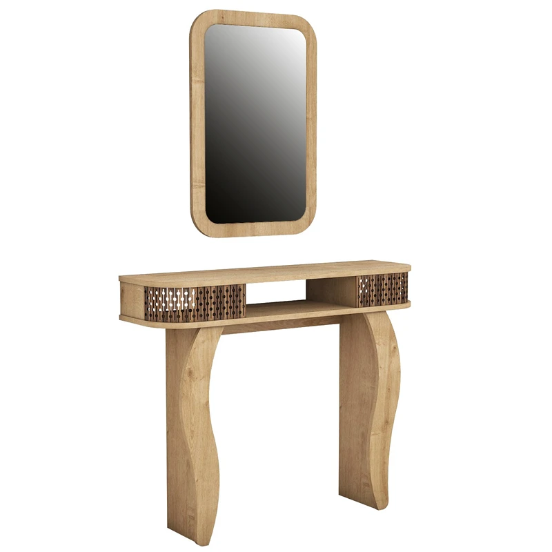 Masa de toaleta Damla stejar, cu oglinda si rafturi, design elegant, 105 cm [2]