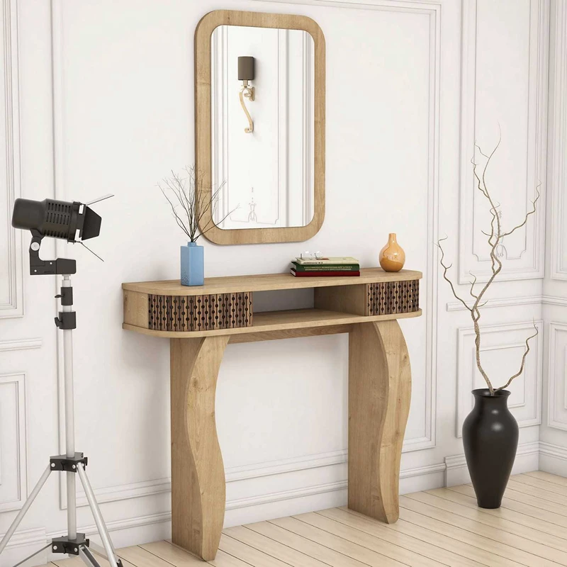Masa de toaleta Damla stejar, cu oglinda si rafturi, design elegant, 105 cm [5]