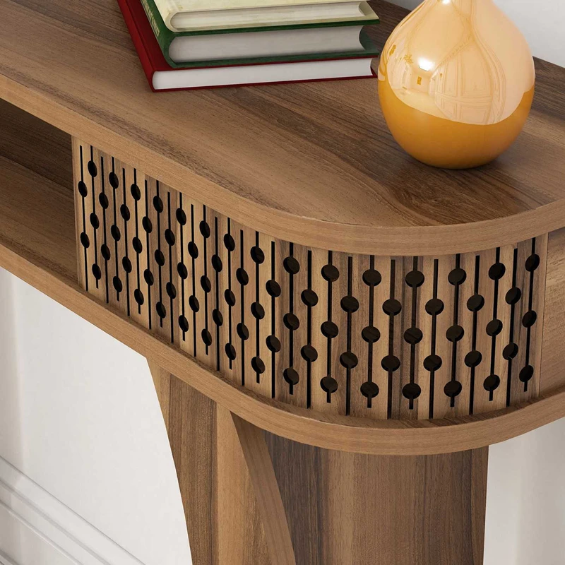 Masa de toaleta nuc, cu oglinda si rafturi, design elegant, 105 cm [3]
