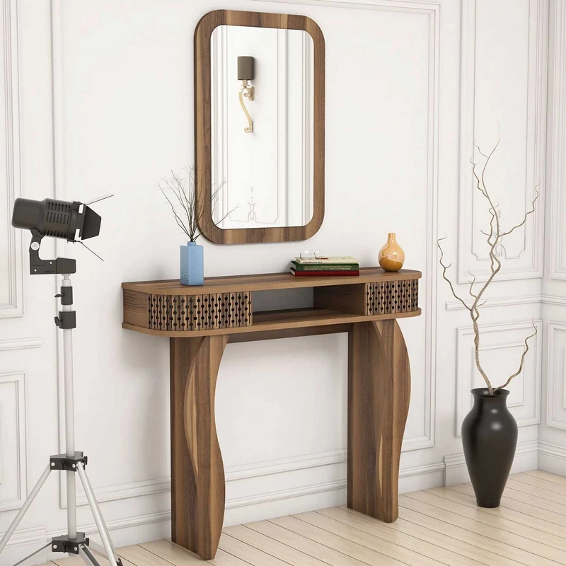 Masa de toaleta nuc, cu oglinda si rafturi, design elegant, 105 cm [2]