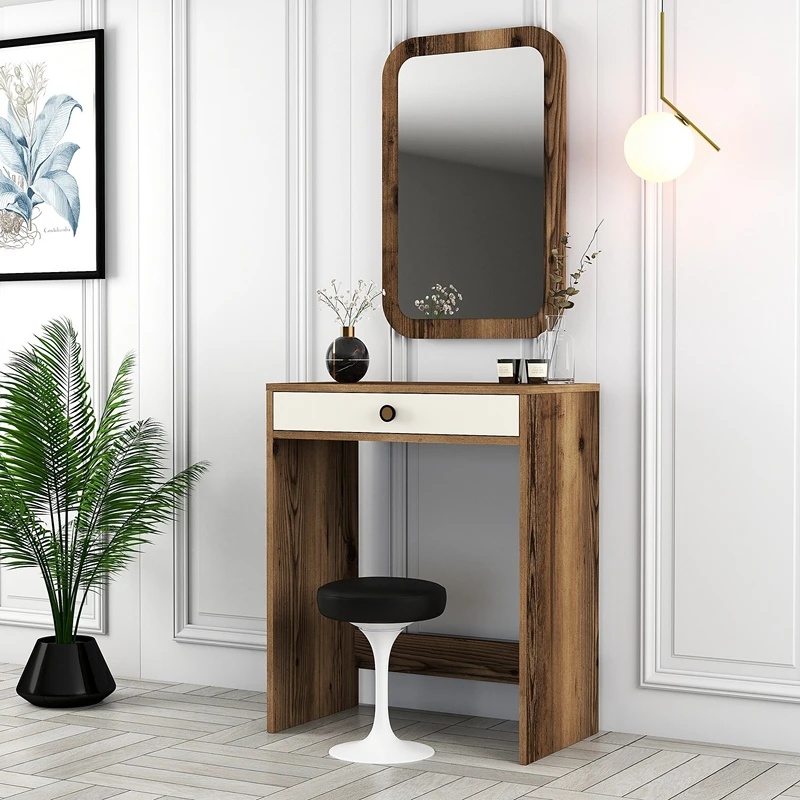 Masa de toaleta stejar, crem, cu oglinda si design elegant [3]