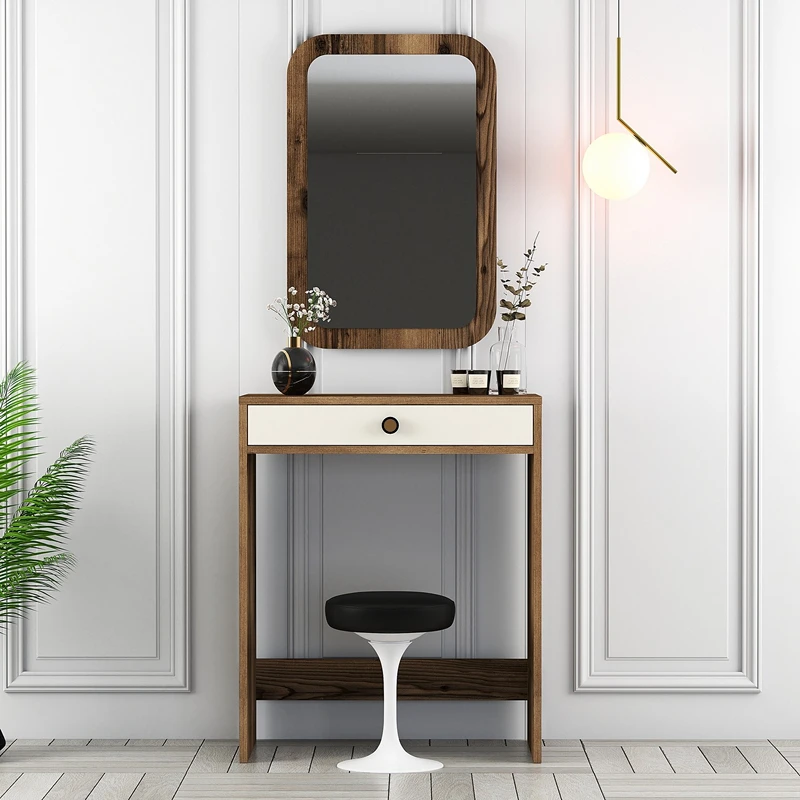 Masa de toaleta stejar, crem, cu oglinda si design elegant [4]