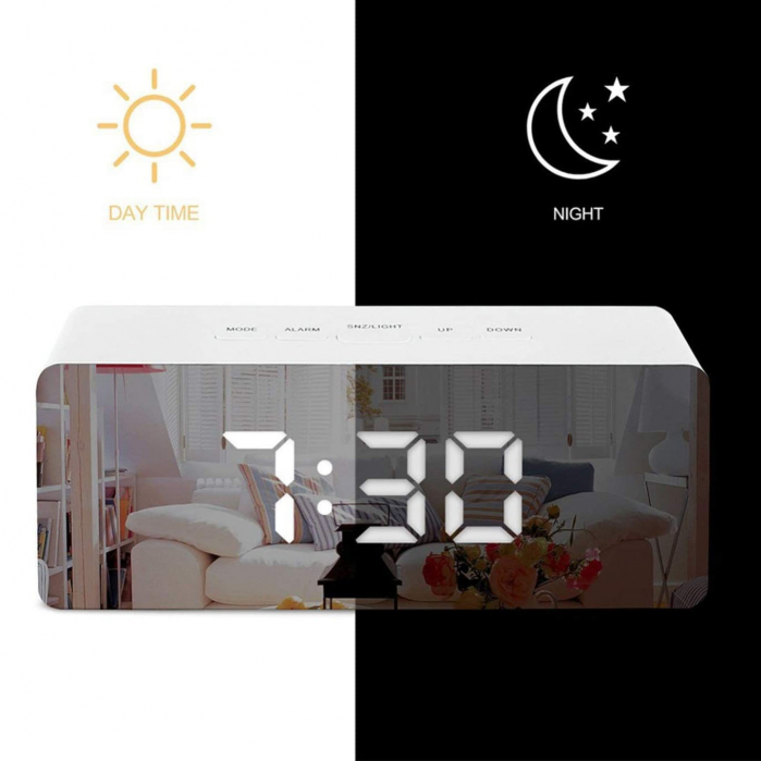 Mini ceas desteptator LED cu termometru si oglinda, dreptunghiular [2]