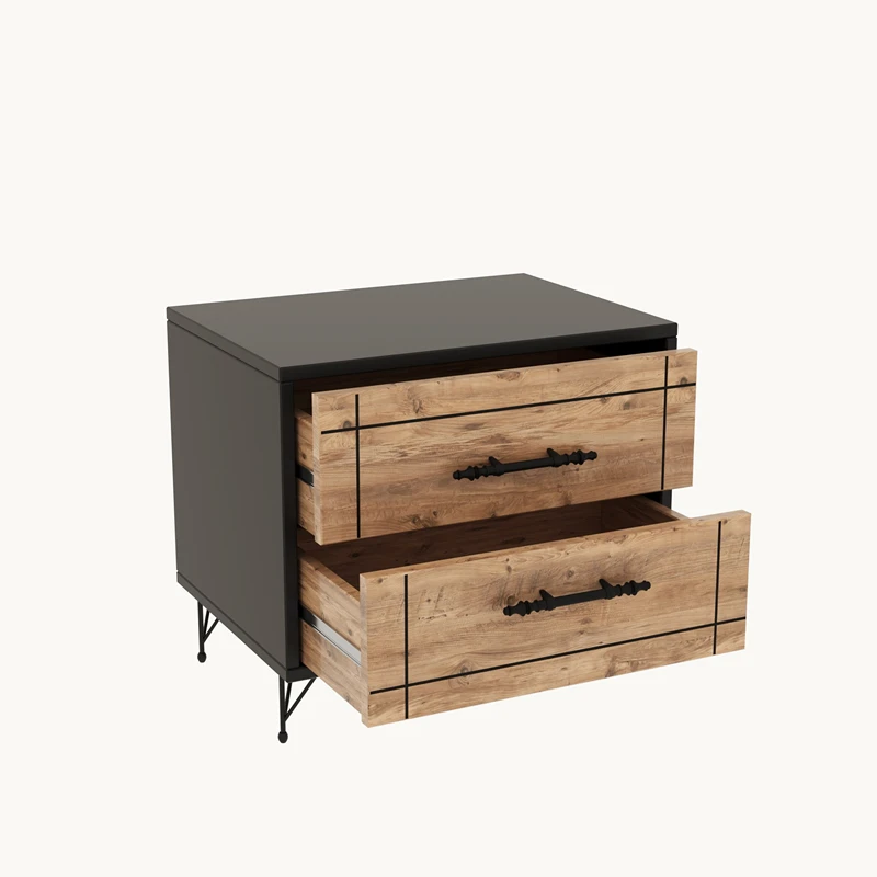 Noptiera Night stejar, negru, cu sertare telescopice si picioare metalice [2]