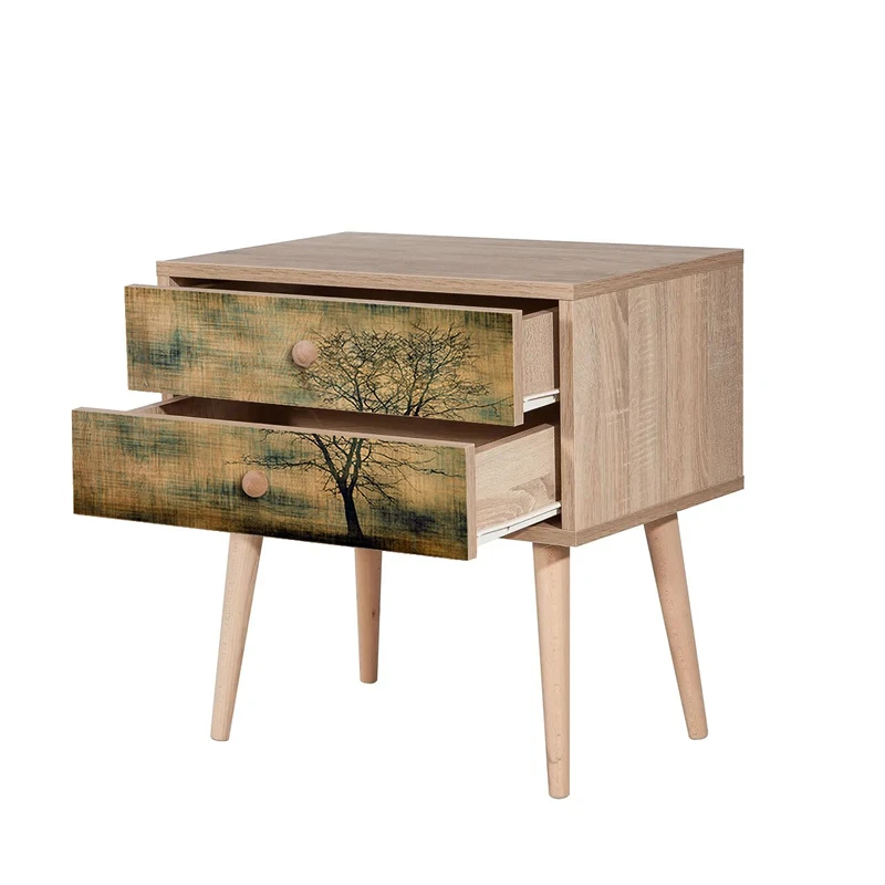 Noptiera Two, stejar sonoma, cu 2 sertare si picioare din lemn, 60 cm [4]