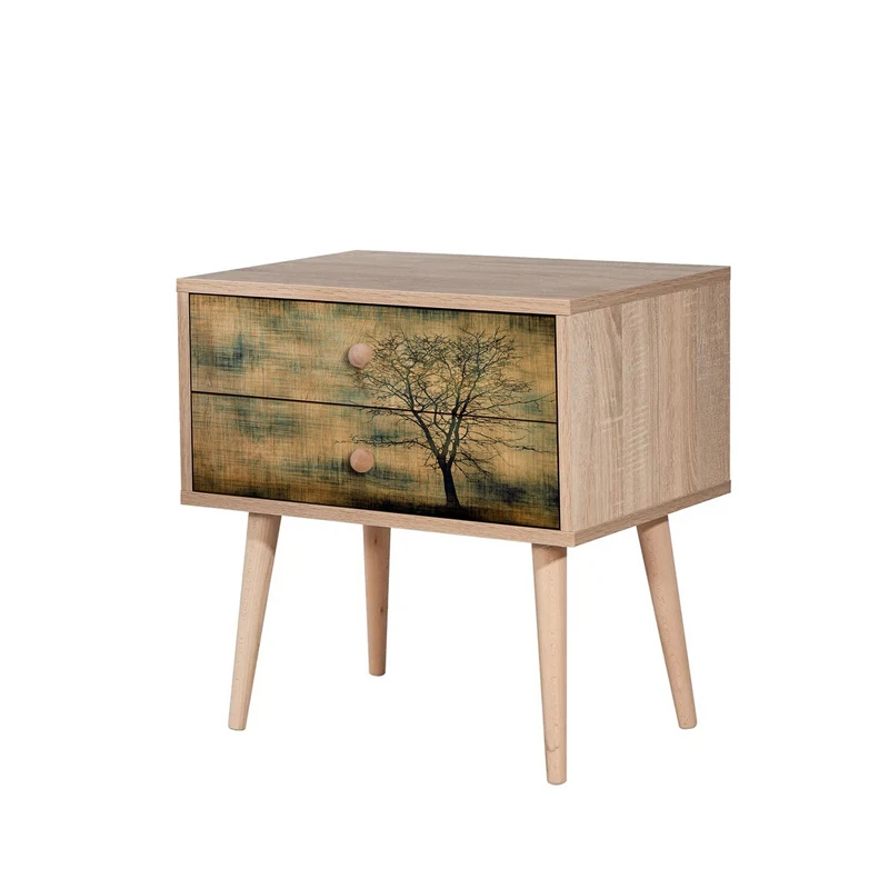 Noptiera Two, stejar sonoma, cu 2 sertare si picioare din lemn, 60 cm [2]