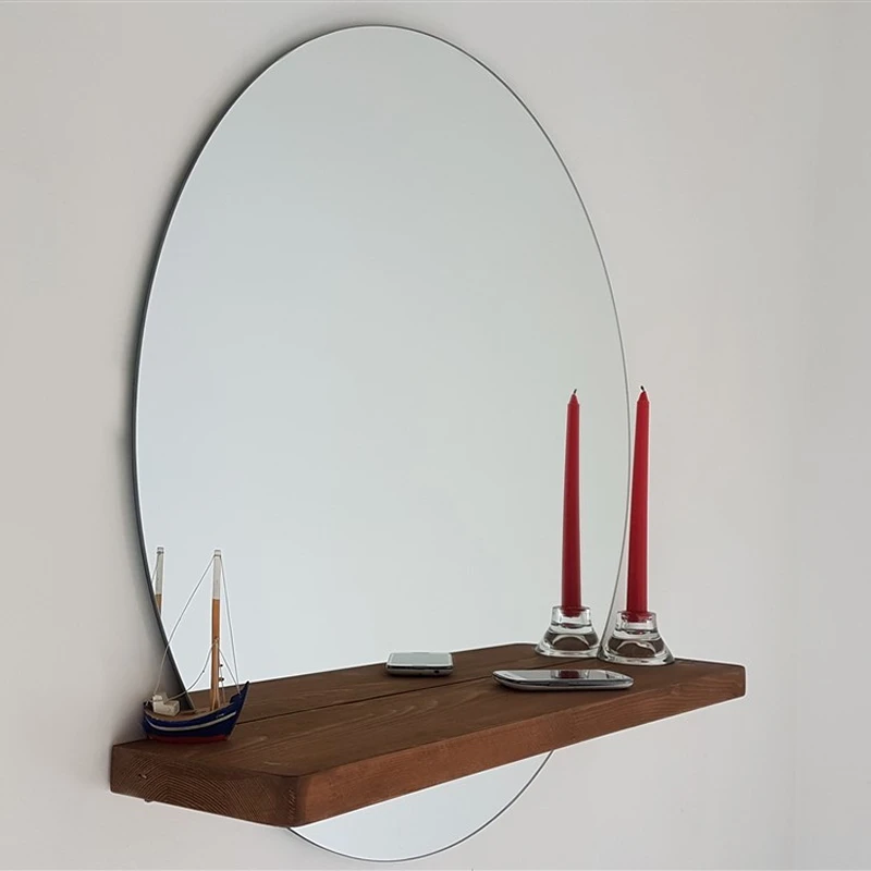 Oglinda rotunda cu raft din lemn de pin, stil minimalist [2]