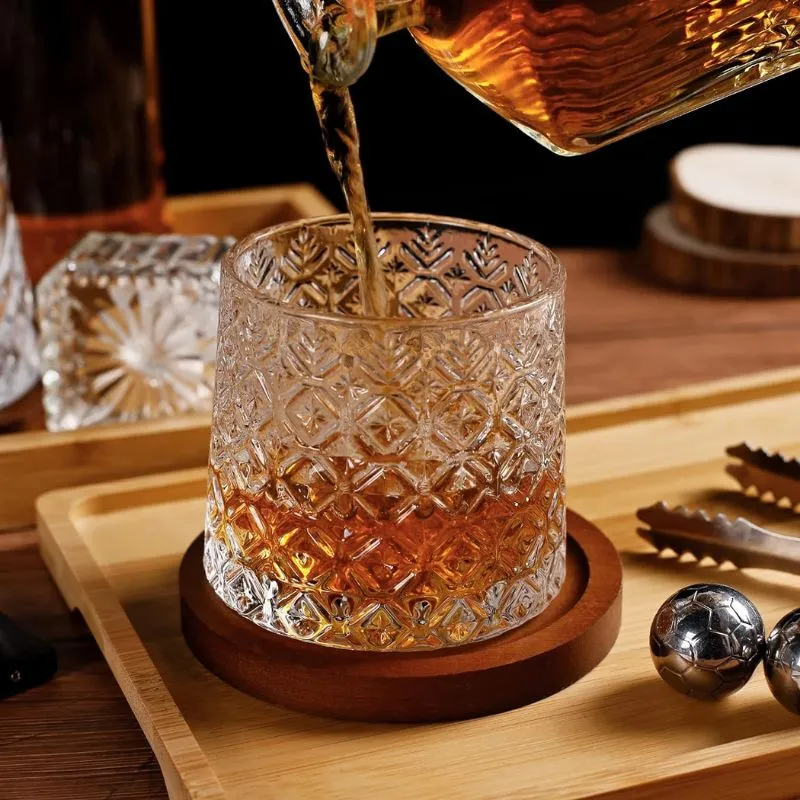 Pahar whiskey Ice Flower cu baza din lemn [4]