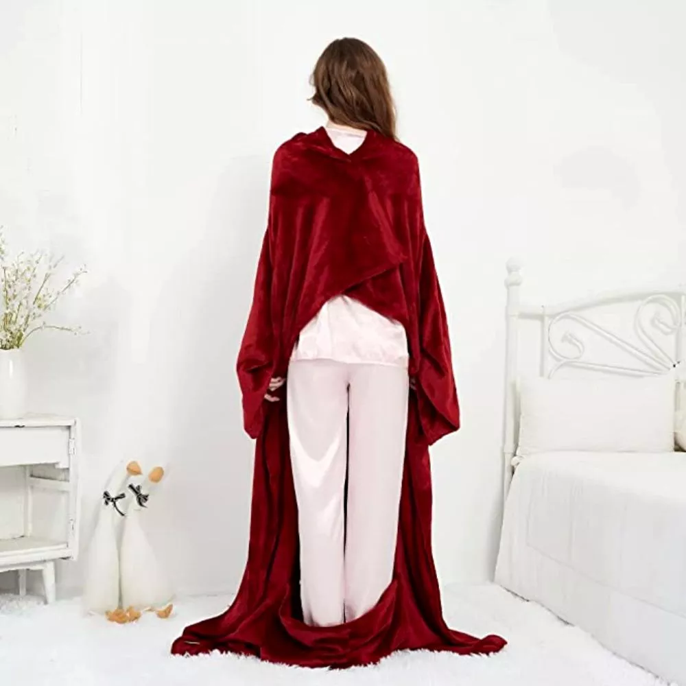 Patura cu maneci, buzunar si prindere la spate, Super Catifelata, 340g/mp, Rosie [6]