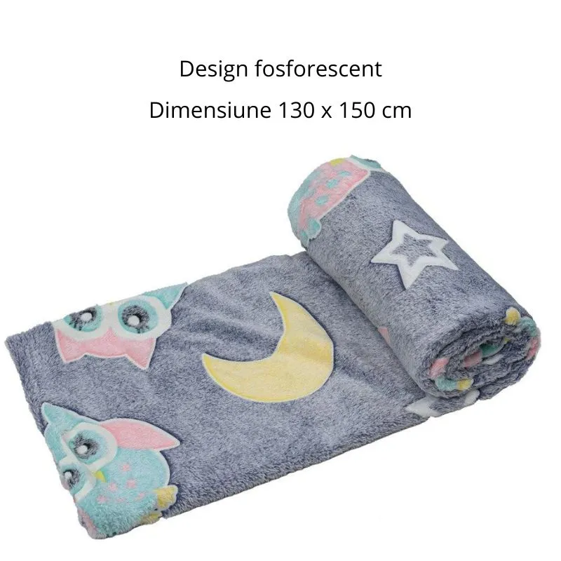 Patura Fosforescenta cu Bufnite Flanel 130 x 150 cm [12]