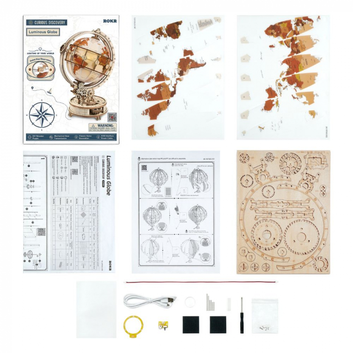 Puzzle 3D Glob Pamantesc Iluminat, Lemn, Robotime [7]