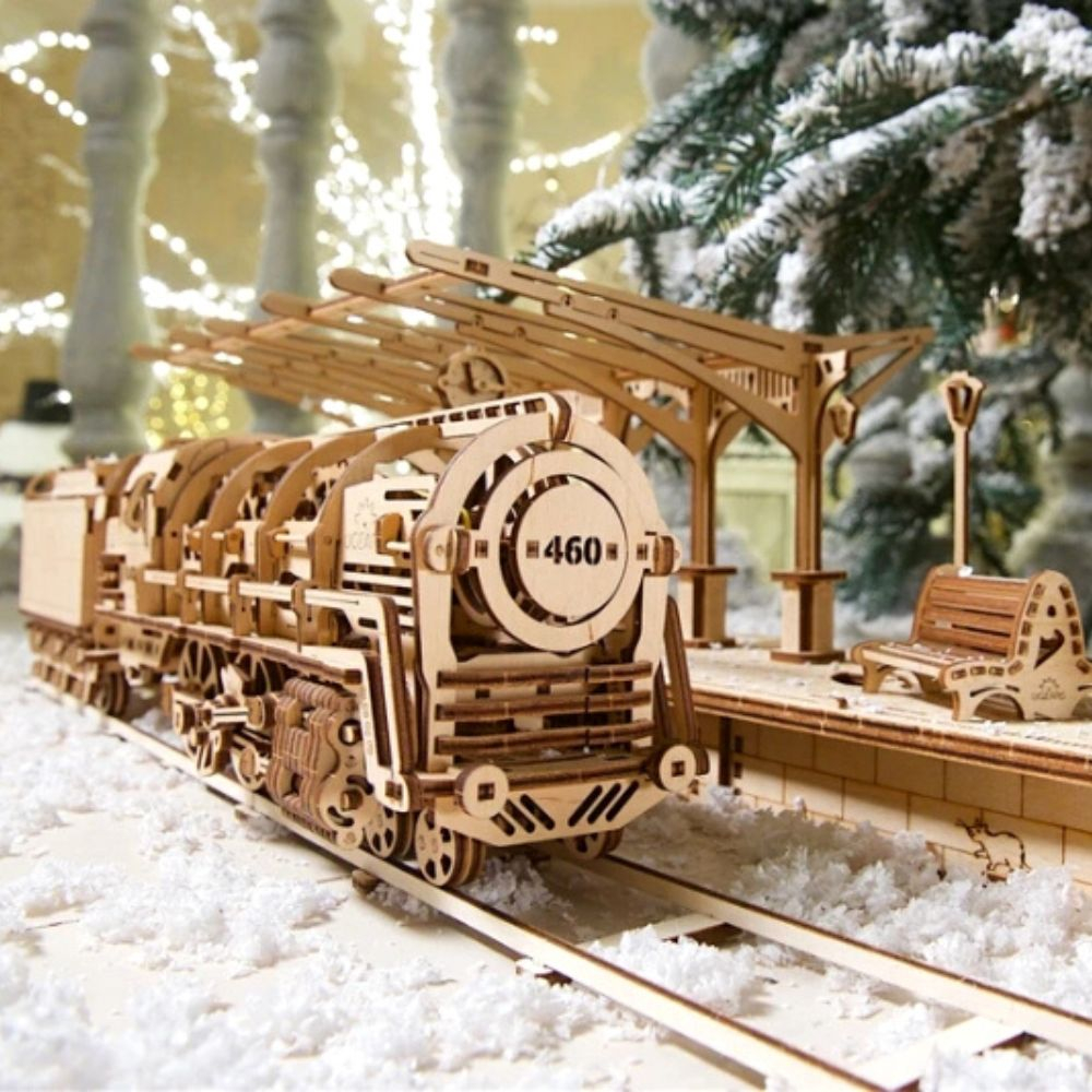 Puzzle 3D Locomotiva cu Aburi si Vagon din Lemn Ugears [2]