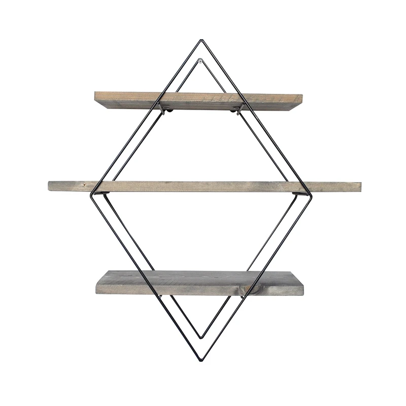 Raft decorativ de perete, nuc-negru, 60 cm, cadru metalic geometric [8]