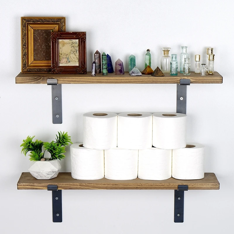 Raft dublu de perete, negru-nuc, 60 cm, suport metalic, design modern [4]