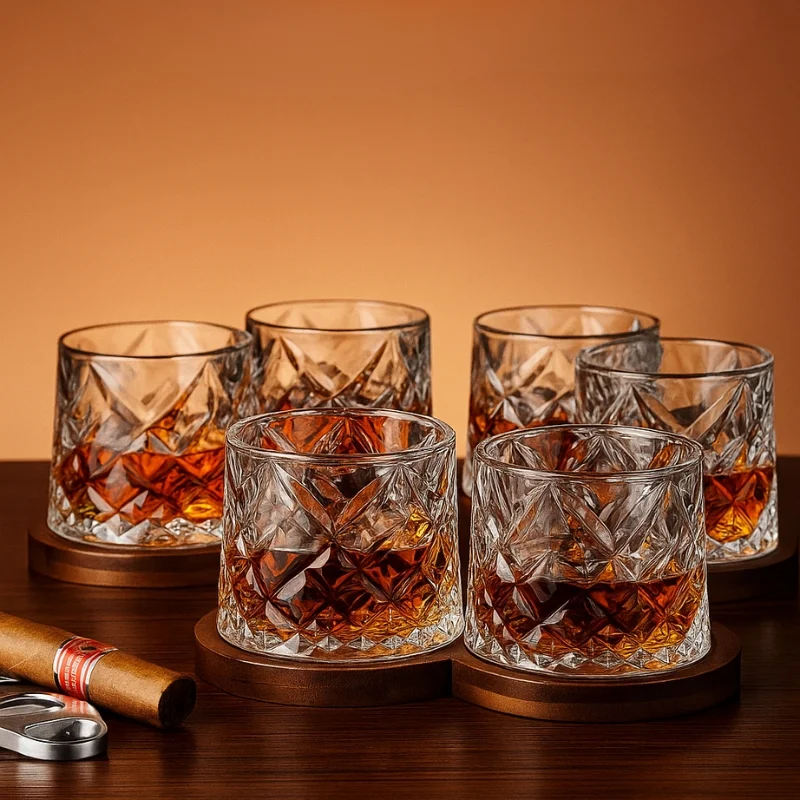 Set 6 Pahare whiskey Diamant cu baza din lemn [1]