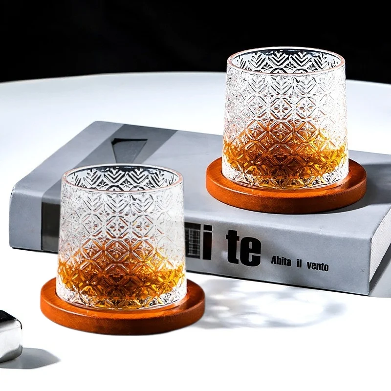 Set 6 pahare whiskey Ice Flower cu baza din lemn [3]
