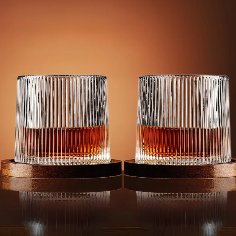 Set 6 Pahare whiskey Stripes cu baza din lemn [2]