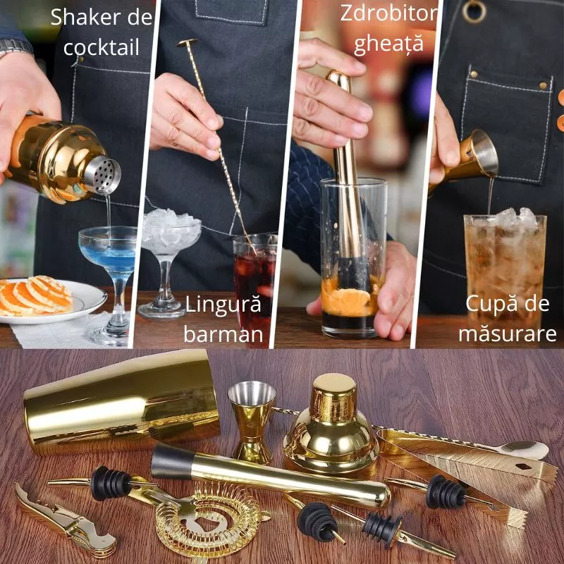 Set cadou Cocktail Shaker Mixology cu 11 accesorii 750ml Gold [23]
