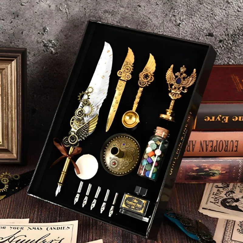 Set Elegant de scris cu Pana alba si Accesorii Vintage [2]