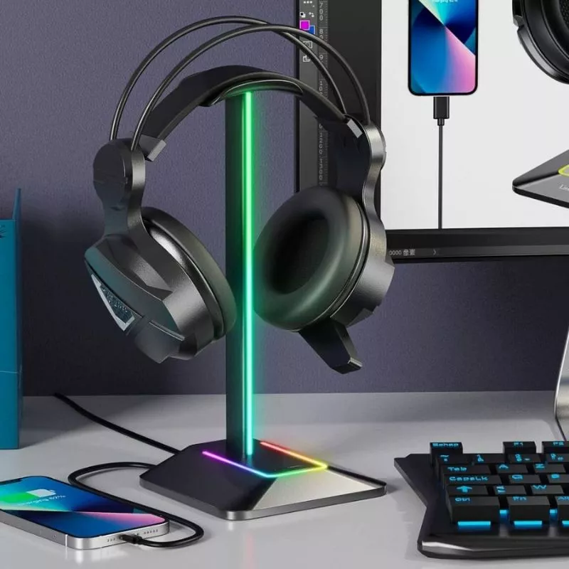 Suport de casti gaming cu RGB, 2xUSB si antiderapant, Disco-stand [4]