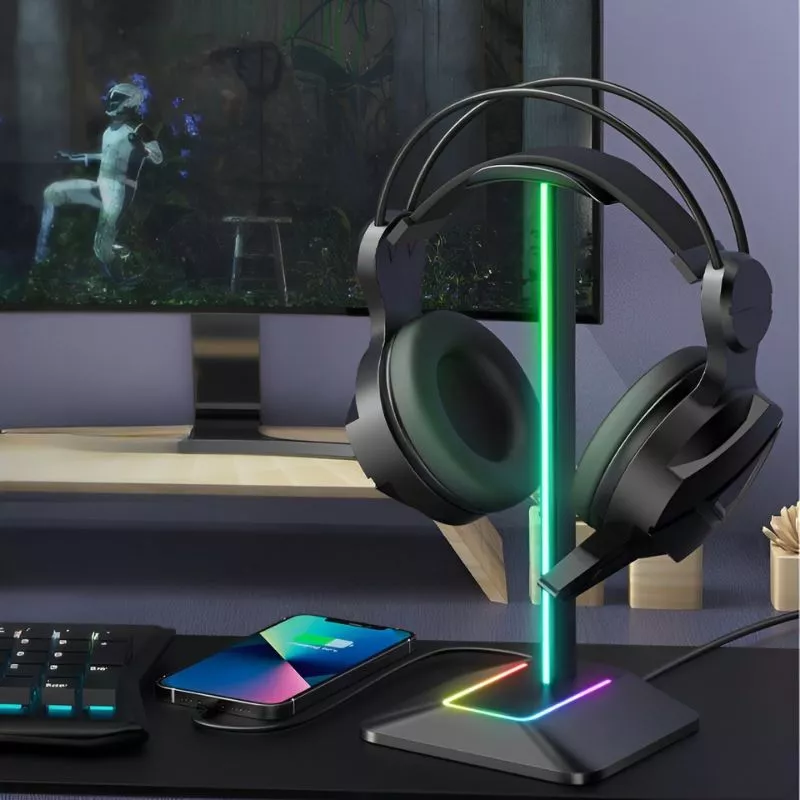Suport de casti gaming cu RGB, 2xUSB si antiderapant, Disco-stand [5]