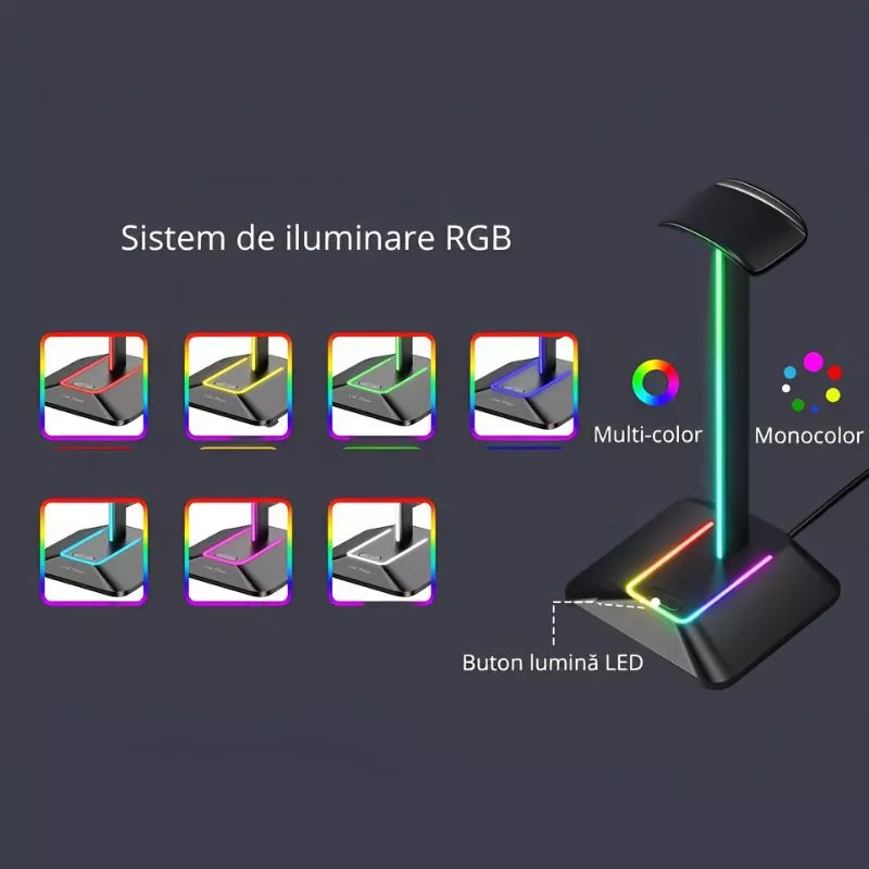 Suport de casti gaming cu RGB, 2xUSB si antiderapant, Disco-stand [11]