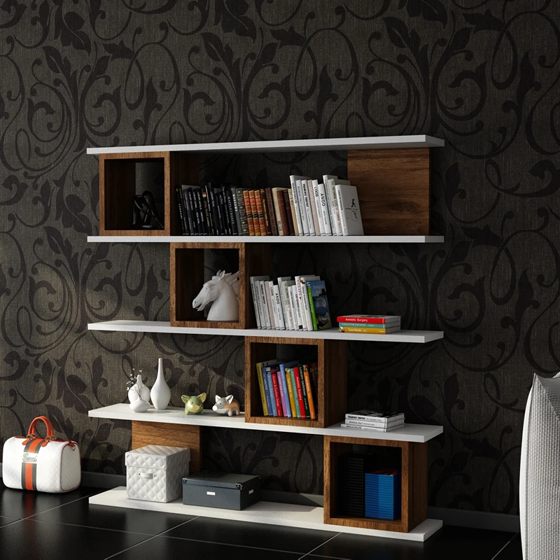 Biblioteca Wind alb, nuc, rafturi multiple, fixare pe perete [0]