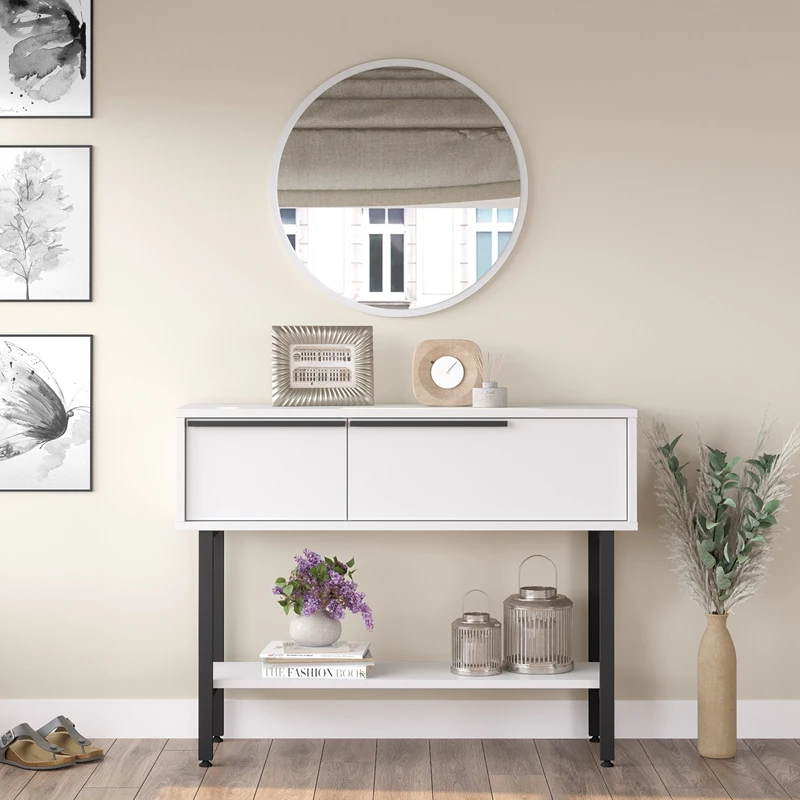 Cele mai noi - Comoda alba cu picioare metalice si cu oglinda, 100x76 cm