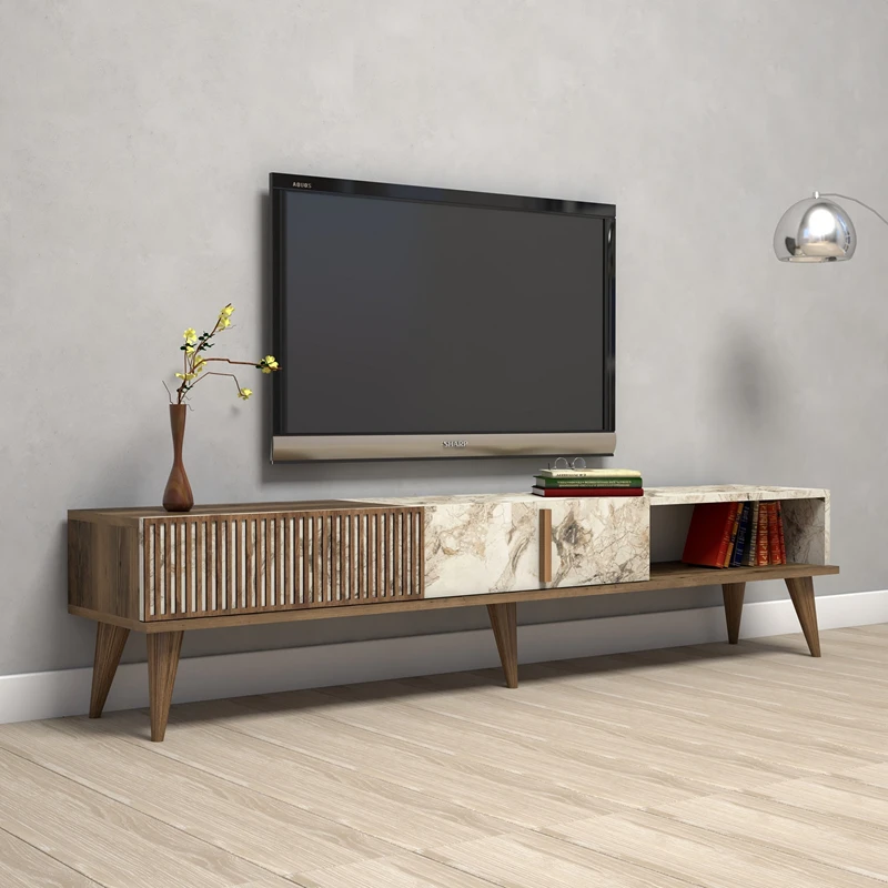 Comoda TV Milan, lemn nuc si marmura alba, design modern, 180 cm [1]