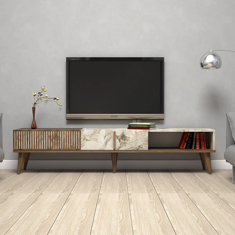 Comoda TV Milan, lemn nuc si marmura alba, design modern, 180 cm [3]