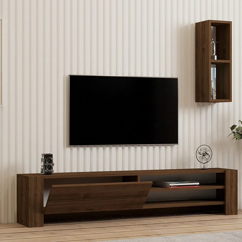 Comoda TV Naz, design modern, finisaj nuc, cu raft suspendat si spatiu de depozitare, 160 cm [0]