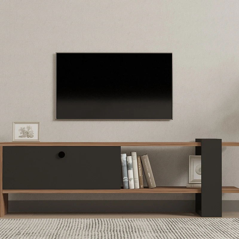 Comoda TV Ova, stejar si antracit, design modern, rafturi multiple, 120 cm [1]