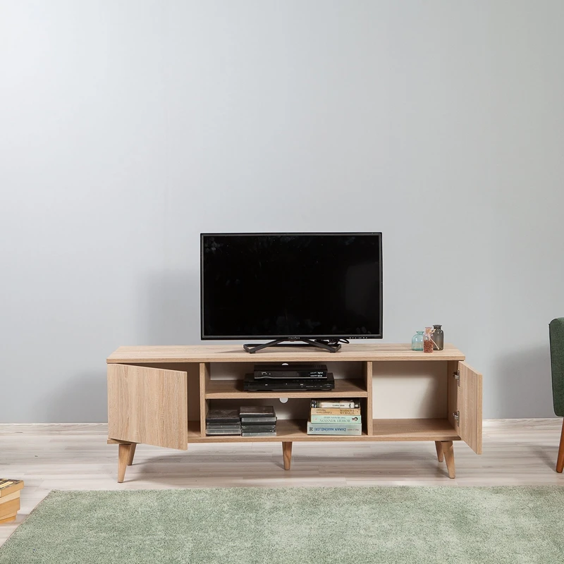 Comoda TV Truva, stejar Sonoma, moderna, cu rafturi si picioare din lemn, 140 cm [4]