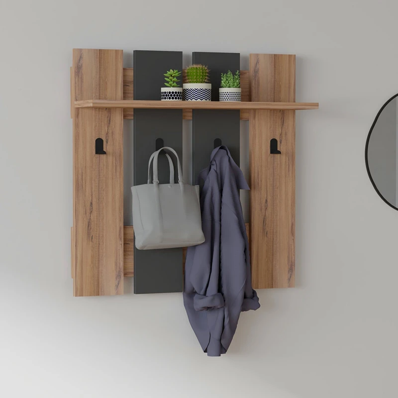 Cuier de perete Mita, nuc si antracit, cu raft si carlige, 70 cm [0]