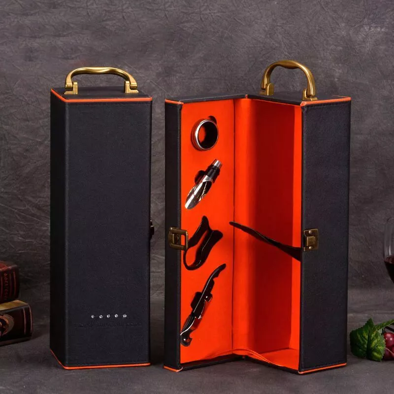 Cutie de vin Deluxe pentru 1 sticla cu accesorii de vin incluse interior oranj [3]