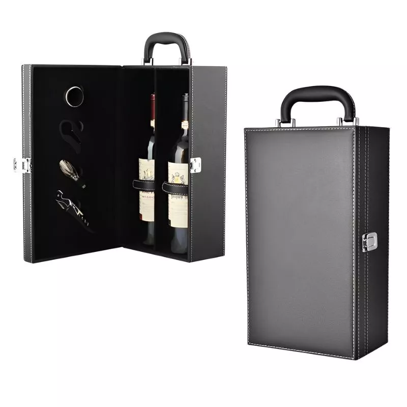 Cutie de vin Deluxe pentru 2 sticle cu accesorii de vin incluse din piele ecologica neagra fina [11]